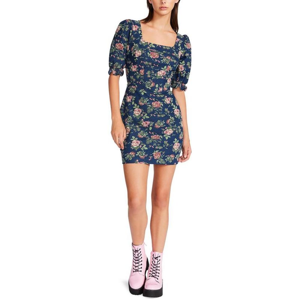 Betsey Johnson Womens Blue Floral Square Neck Denim Mini Dress NWT